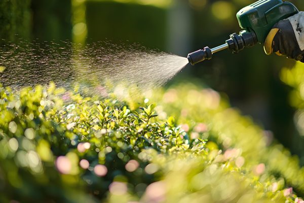 A lawn care worker utilizes a weed sprayer to effectively maintain garden health. The image captures a vibrant outdoor setting filled with lush greenery.